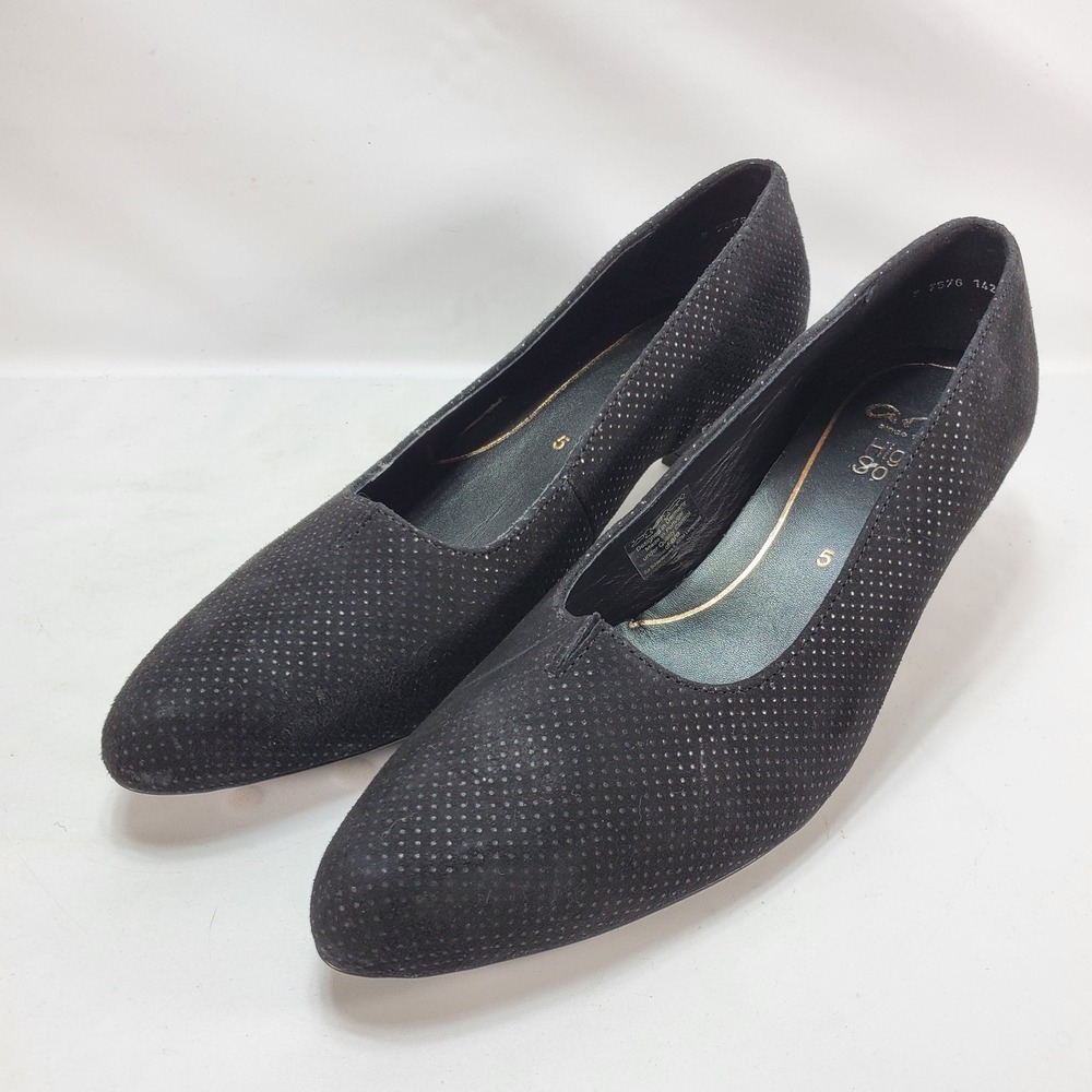 Ara High Soft Pumps Women 5 Black Perforated Suede Kitten Heel Pointed Toe Shoes